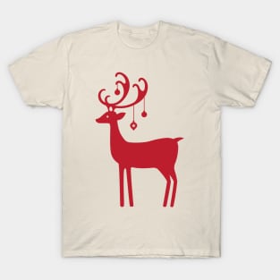 Scandinavian Vintage Christmas Reindeer - Red T-Shirt